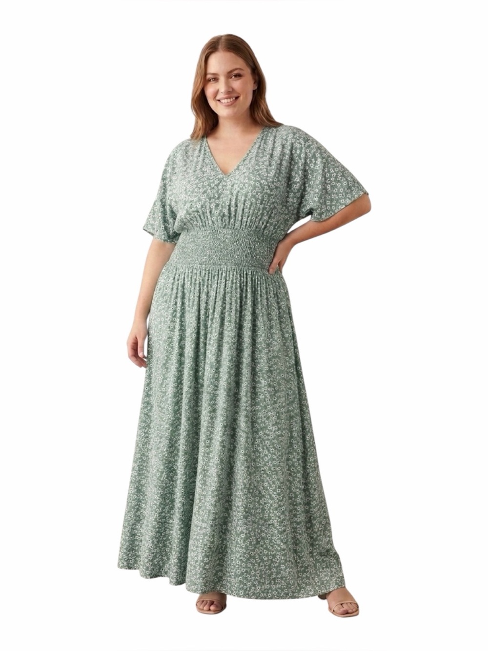 Be Stage Green Ditsy Floral Smocked Waist Maxi Dress Size 1XL